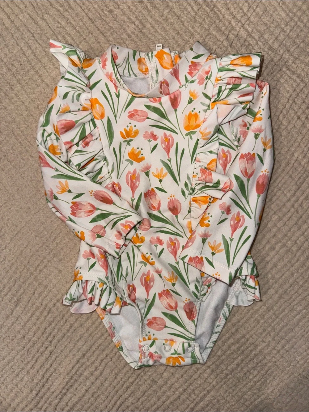 Little Me White Long-Sleeve One-Piece Swimsuit with Pink & Yellow Floral Print